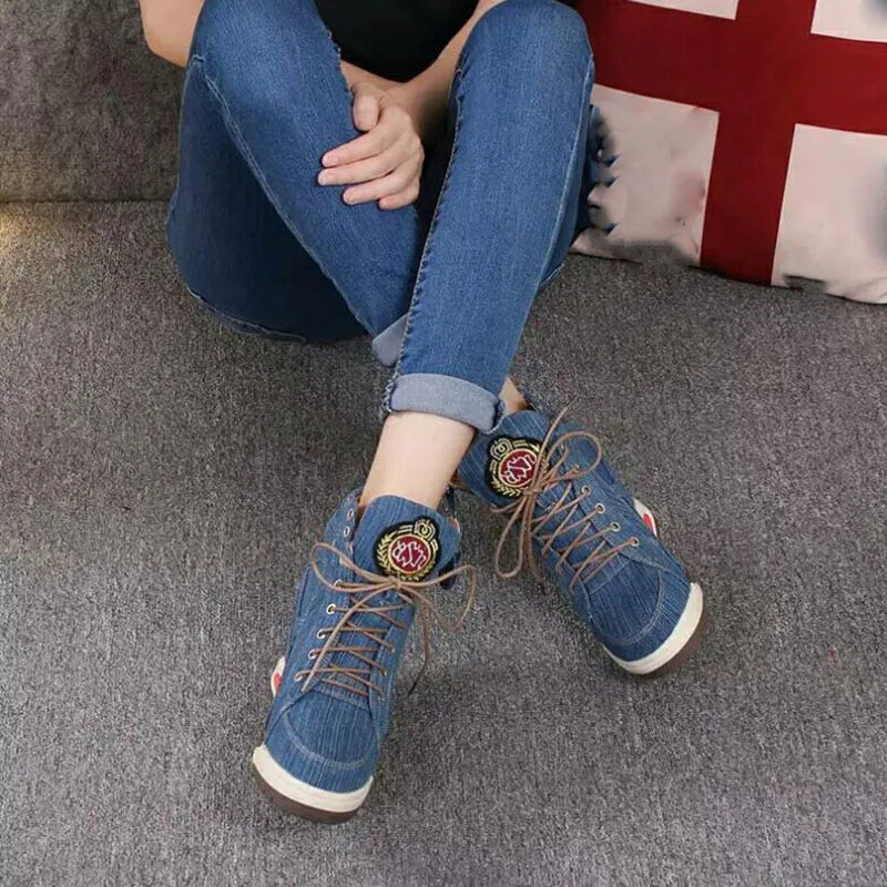 Women’s Denim Wedges Sneakers, Plus Size, Side Zip, Casual Shoes, Thick Soled Vulcanized Shoes, Girl Walking Shoes, Footwear Boot Comfort Insole, Glamwalk, Elegances Step, Chick Stride
