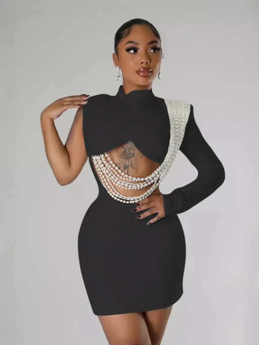 Class Simple Hot Women Fashion Full Sleeve Elegant O-neck Mini Dress Summer Pearl String Class Chic Chec choc Party & Night Club Party Vestidos Dresses