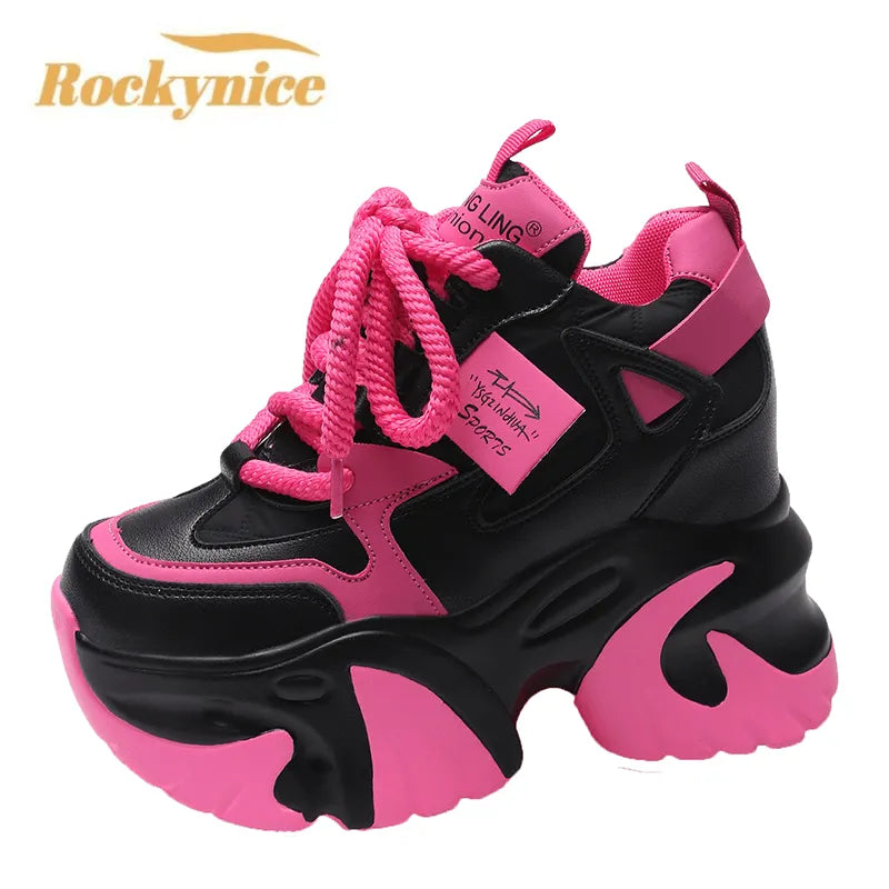 Women’s High Platform Casual Leather,RockyNice Shoes, All season Lace-up Chunky Sneakers 10CM Wedges Hidden Heels Leisure Shoes, Girl Walking Shoes Fashion Comfort Footwear Stylish