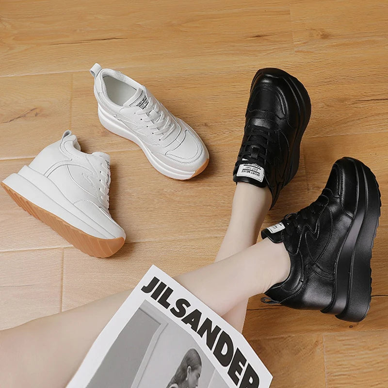 Fujin Women’s Platform Wedge Chunky Sneakers - Genuine Leather - Girl, Footwear, Trainer Walking Shoes Stylish Flatform Elegant High Heel; for all season