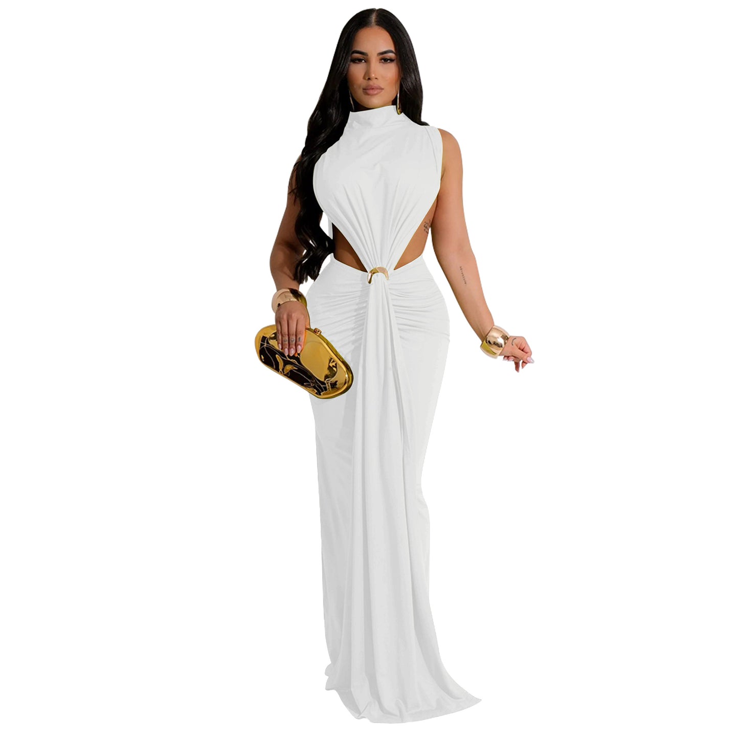 CM.YAYA Women O-neck High Split Ruched Stacked Bodycon Midi Maxi Dress Evening Party Club Vestidos Sexy Chic Long Dresses