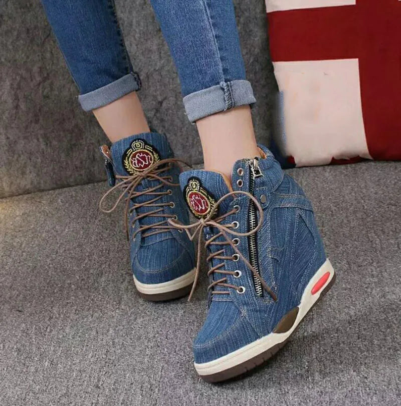 Women’s Denim Wedges Sneakers, Plus Size, Side Zip, Casual Shoes, Thick Soled Vulcanized Shoes, Girl Walking Shoes, Footwear Boot Comfort Insole, Glamwalk, Elegances Step, Chick Stride