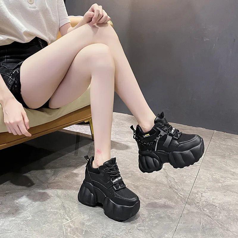 Women Chain Chunky Sneakers White Black Fashion  Thick Sole Casual Ladies Vulcanized Shoes Sport High Platform Sneaker Woman
