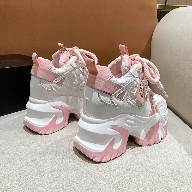 Women’s High Platform Casual Leather,RockyNice Shoes, All season Lace-up Chunky Sneakers 10CM Wedges Hidden Heels Leisure Shoes, Girl Walking Shoes Fashion Comfort Footwear Stylish