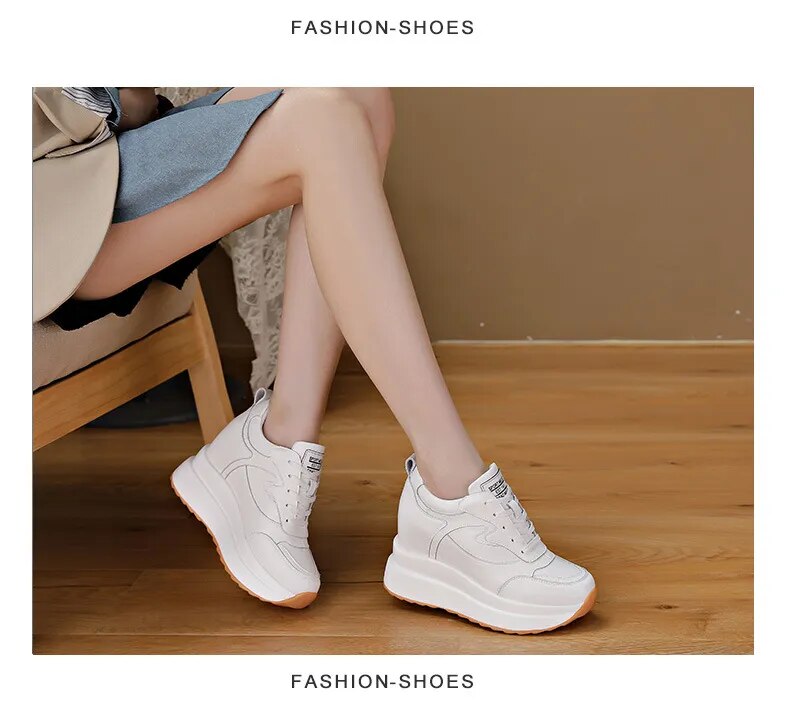 Fujin Women’s Platform Wedge Chunky Sneakers - Genuine Leather - Girl, Footwear, Trainer Walking Shoes Stylish Flatform Elegant High Heel; for all season