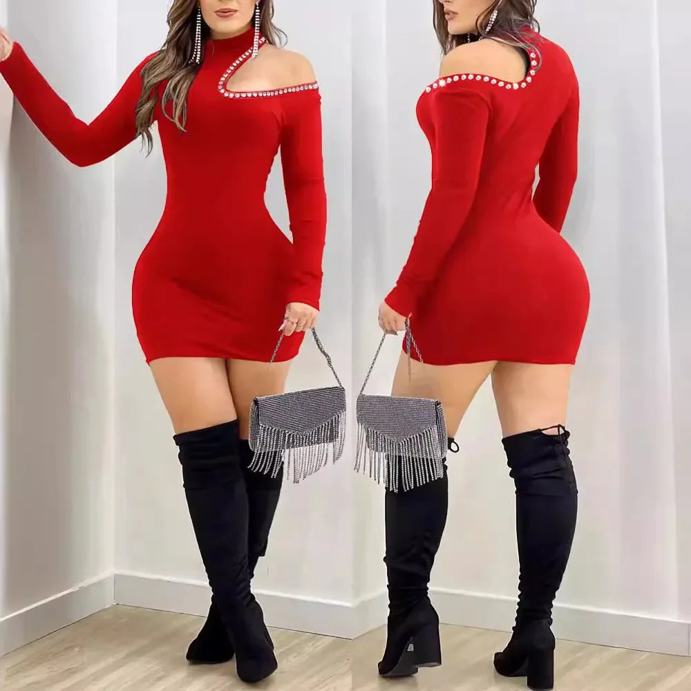 Chic Chec Choc Women's Hot Drilling Party Dress Long Sleeve Solid Color Sexy Bodycon