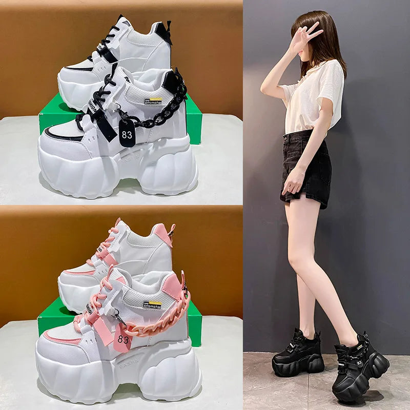Women Chain Chunky Sneakers White Black Fashion  Thick Sole Casual Ladies Vulcanized Shoes Sport High Platform Sneaker Woman