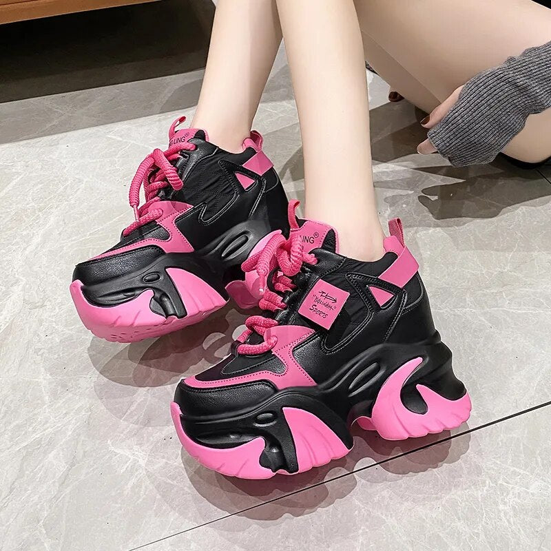 Women’s High Platform Casual Leather,RockyNice Shoes, All season Lace-up Chunky Sneakers 10CM Wedges Hidden Heels Leisure Shoes, Girl Walking Shoes Fashion Comfort Footwear Stylish