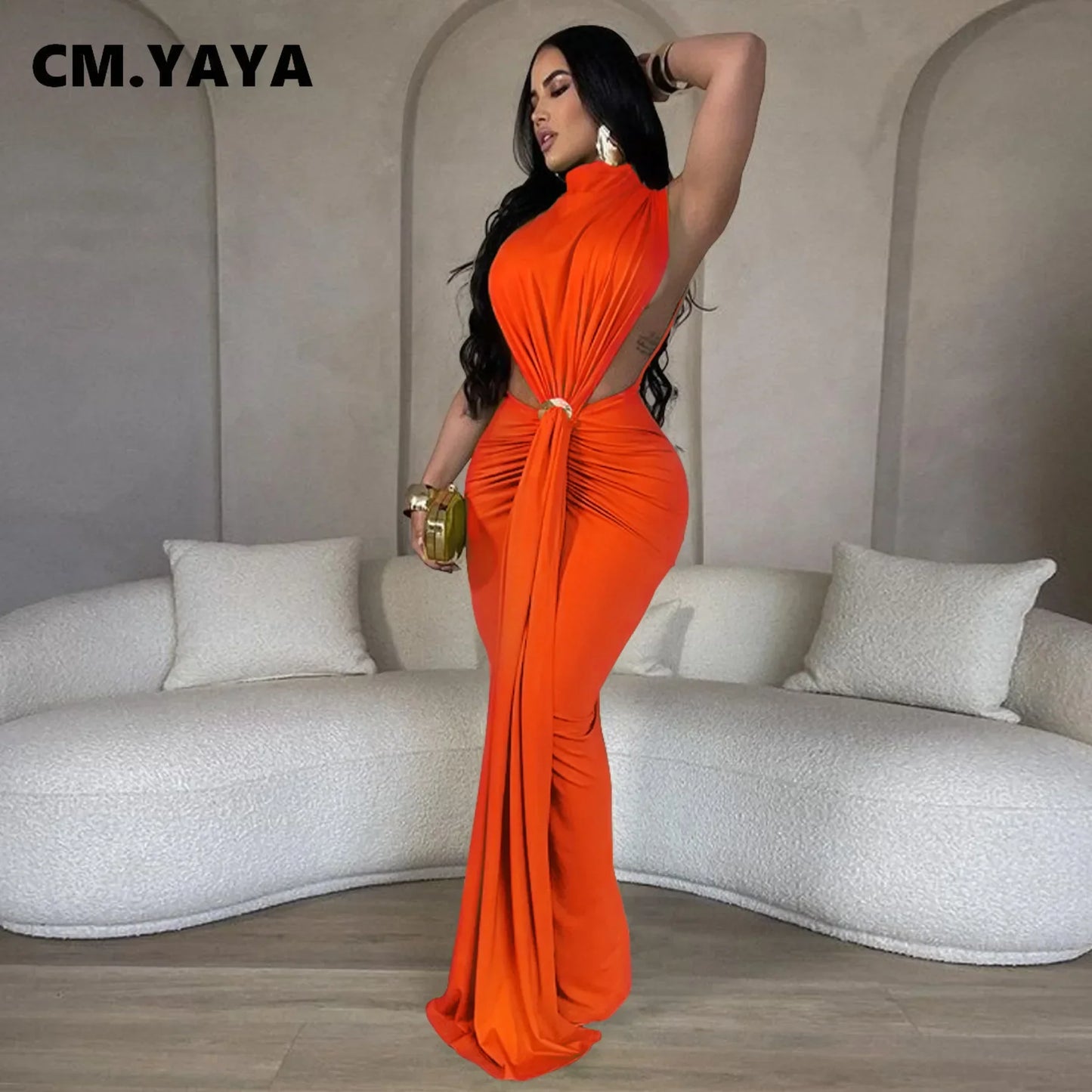 CM.YAYA Women O-neck High Split Ruched Stacked Bodycon Midi Maxi Dress Evening Party Club Vestidos Sexy Chic Long Dresses