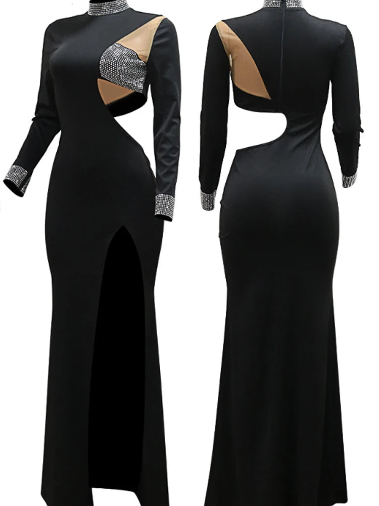 Women Class Chic Chec Choc Sexy Rhinestone Floor Length High Slit Mermaid Party Dress