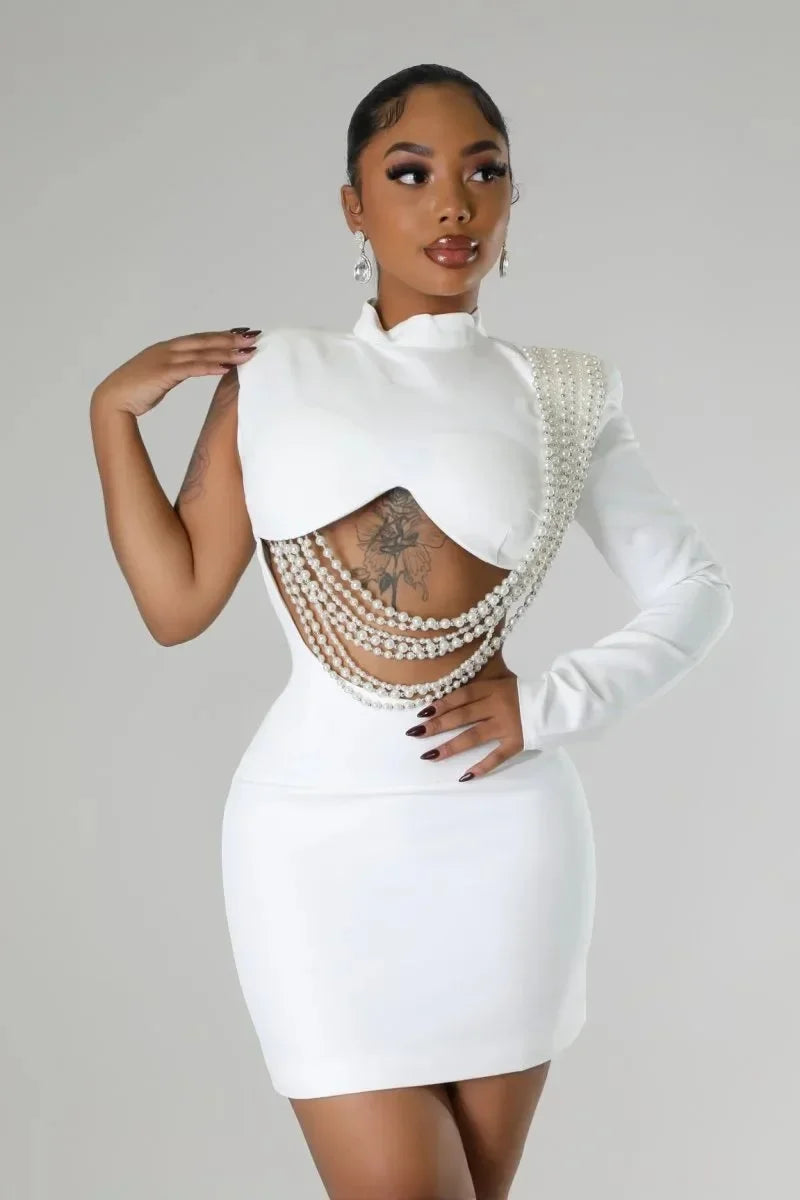 Class Simple Hot Women Fashion Full Sleeve Elegant O-neck Mini Dress Summer Pearl String Class Chic Chec choc Party & Night Club Party Vestidos Dresses