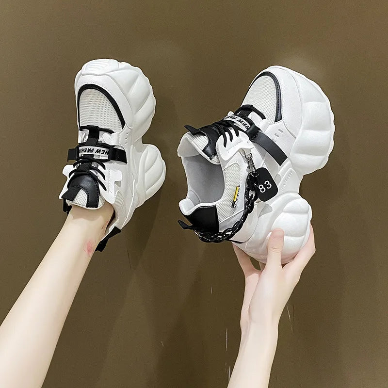 Women Chain Chunky Sneakers White Black Fashion  Thick Sole Casual Ladies Vulcanized Shoes Sport High Platform Sneaker Woman