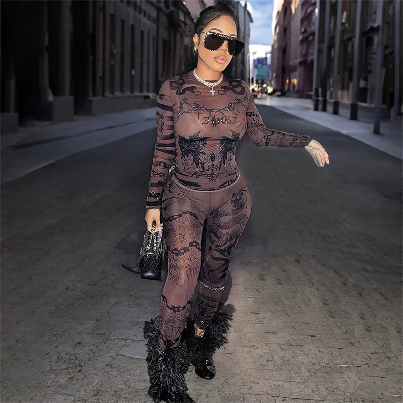 Mesh Printed Skinny Casual Set