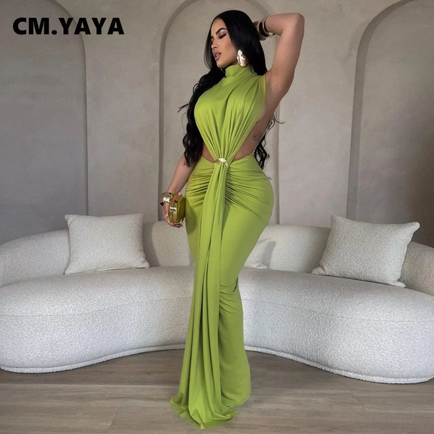CM.YAYA Women O-neck High Split Ruched Stacked Bodycon Midi Maxi Dress Evening Party Club Vestidos Sexy Chic Long Dresses