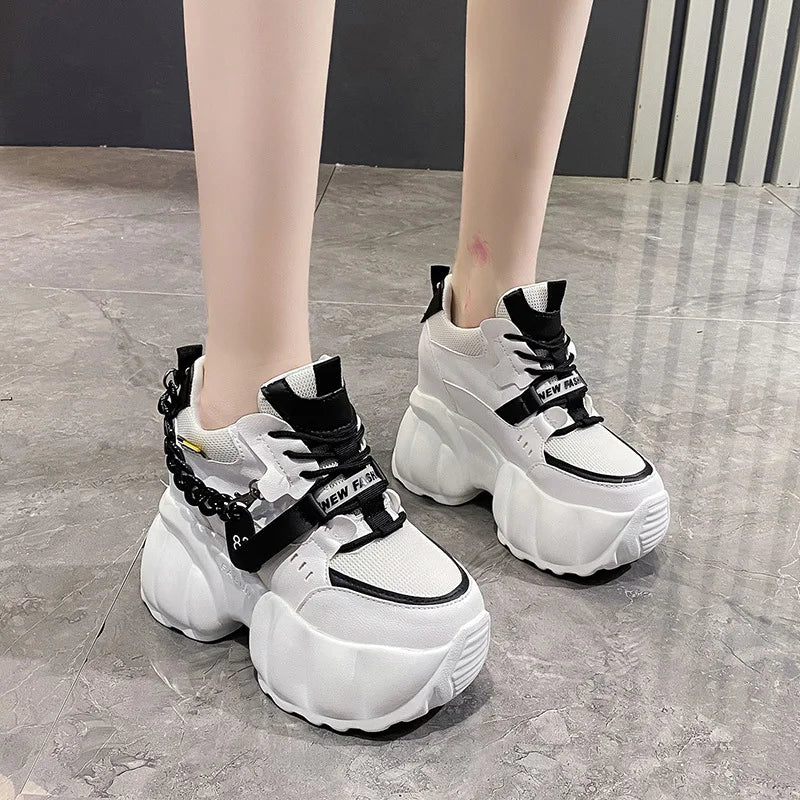 Women Chain Chunky Sneakers White Black Fashion  Thick Sole Casual Ladies Vulcanized Shoes Sport High Platform Sneaker Woman