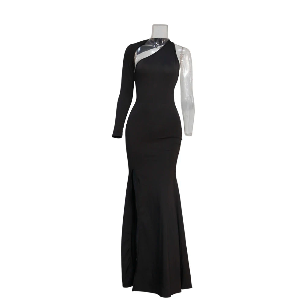 Women Class Fashion Chic Longuette Long-sleeved Elastic Force Single Sleeve Slim Long Women's Dress
