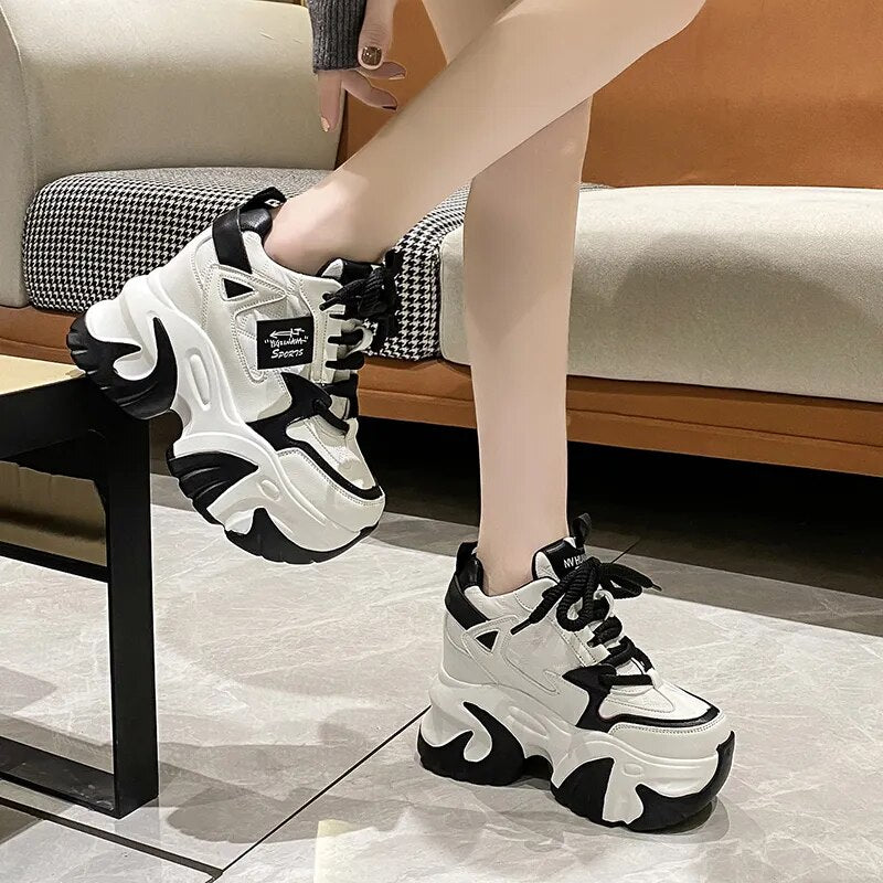 Women’s High Platform Casual Leather,RockyNice Shoes, All season Lace-up Chunky Sneakers 10CM Wedges Hidden Heels Leisure Shoes, Girl Walking Shoes Fashion Comfort Footwear Stylish