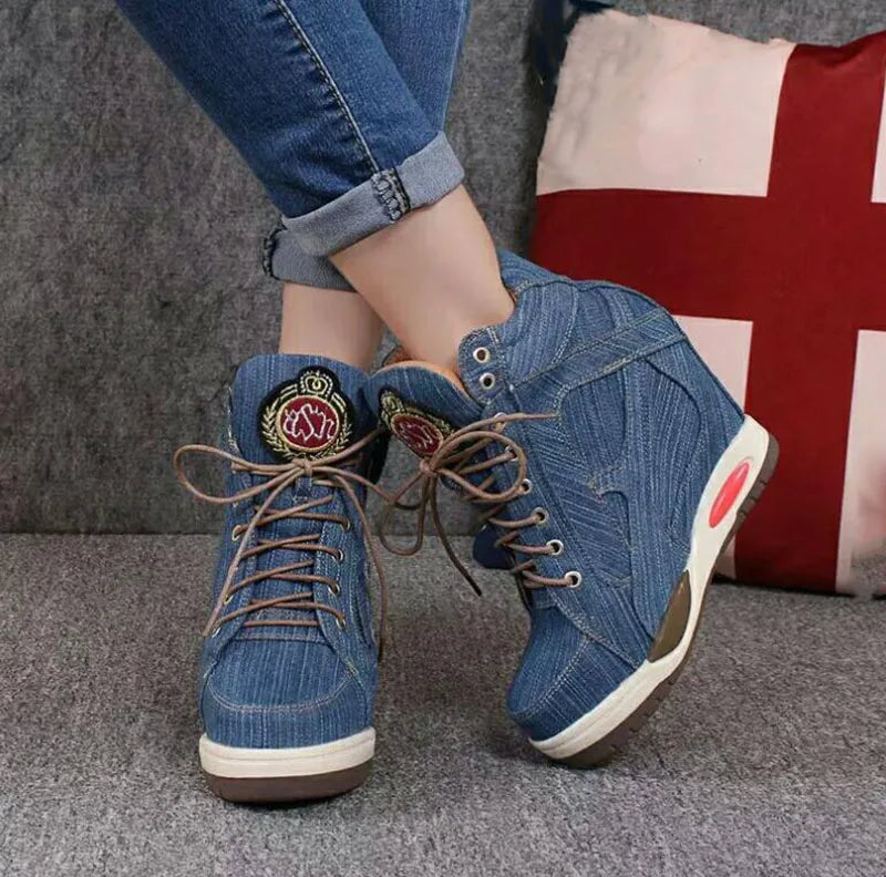 Women’s Denim Wedges Sneakers, Plus Size, Side Zip, Casual Shoes, Thick Soled Vulcanized Shoes, Girl Walking Shoes, Footwear Boot Comfort Insole, Glamwalk, Elegances Step, Chick Stride
