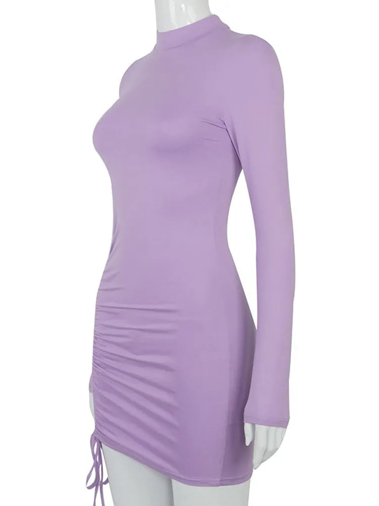 Long Sleeve Ruched Bodycon Dress Women Turtleneck Bandage Mini Dresses Autumn Black Skinny Stretchy Party Vestidos