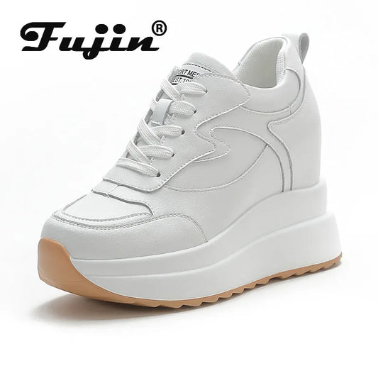 Fujin Women’s Platform Wedge Chunky Sneakers - Genuine Leather - Girl, Footwear, Trainer Walking Shoes Stylish Flatform Elegant High Heel; for all season