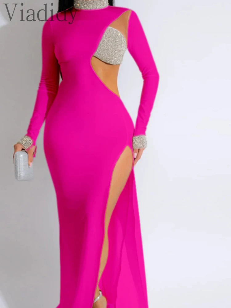 Women Class Chic Chec Choc Sexy Rhinestone Floor Length High Slit Mermaid Party Dress
