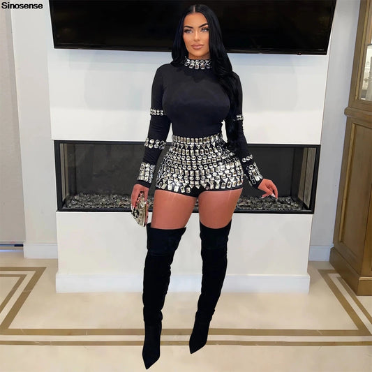 Women Elegant Rhinestone Romper Long Sleeve Mock Neck Bodycon One Piece Sparkle Glitter Jumpsuit Sexy Night Club Party Outfits