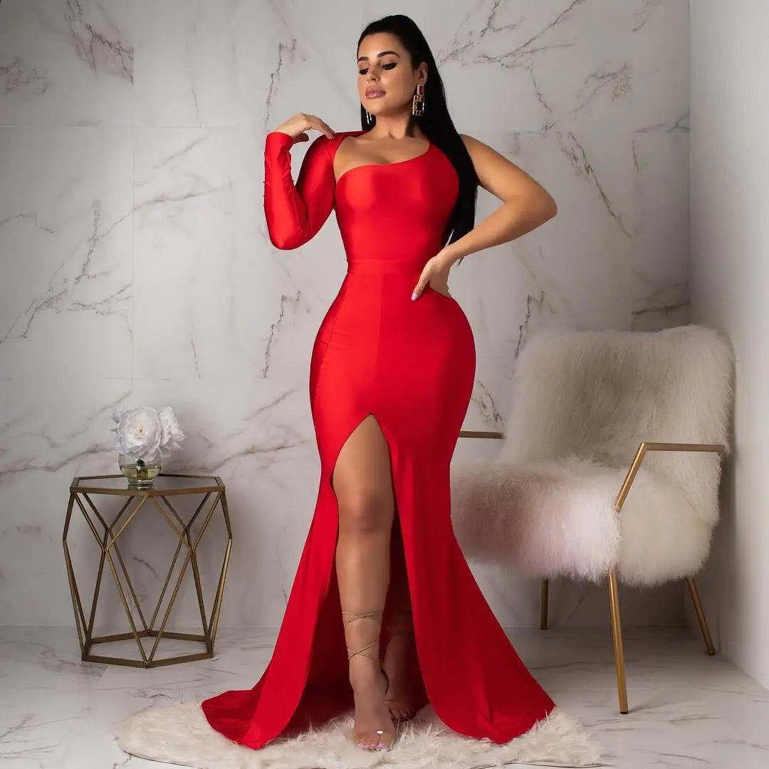 Women Class Fashion Chic Longuette Long-sleeved Elastic Force Single Sleeve Slim Long Women's Dress