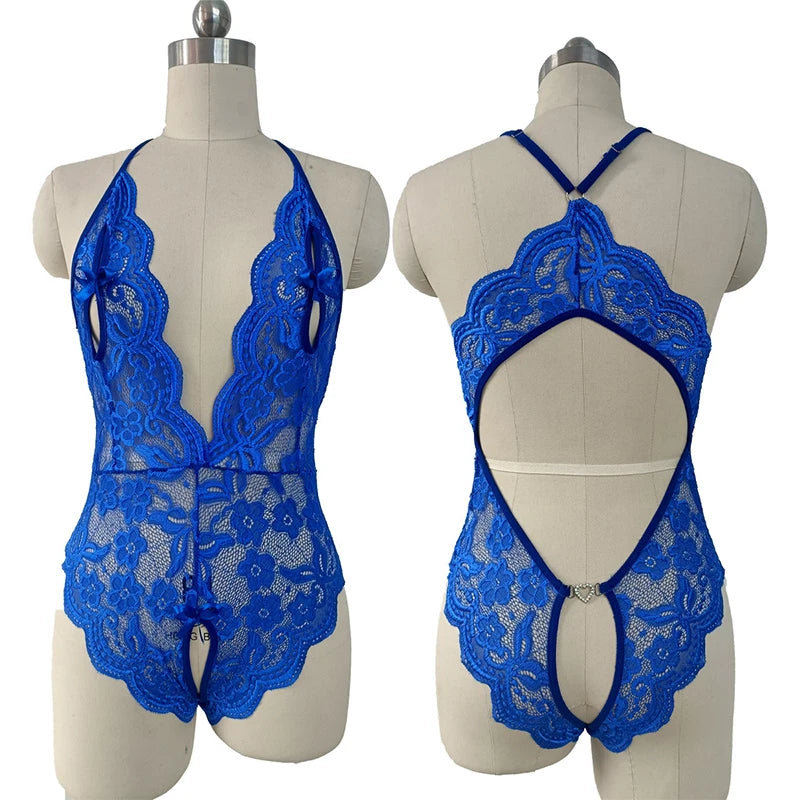 Sexy Crotchless Blue Lingerie Women Lace Hollow Bodysuit Erotic Pajamas Teddy Babydoll Dress Deep Underwear Set To keep your Prince & King Crazy for & Love you More.
