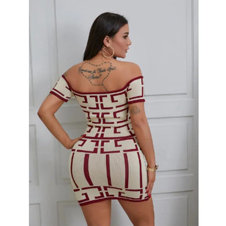 Sexy Bodycon Printed Skirt Two Piece Set For Women One Line Neck Cropped Top And Tight Short Skirts Sets Fashion Streetwear 2024
