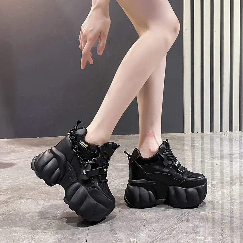 Women Chain Chunky Sneakers White Black Fashion  Thick Sole Casual Ladies Vulcanized Shoes Sport High Platform Sneaker Woman