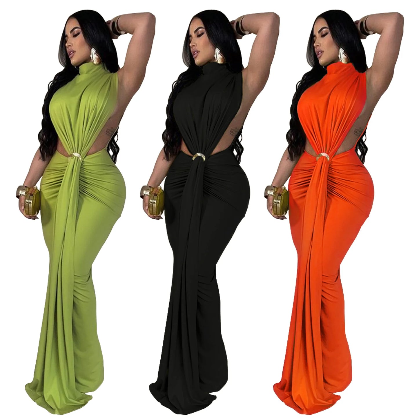 CM.YAYA Women O-neck High Split Ruched Stacked Bodycon Midi Maxi Dress Evening Party Club Vestidos Sexy Chic Long Dresses