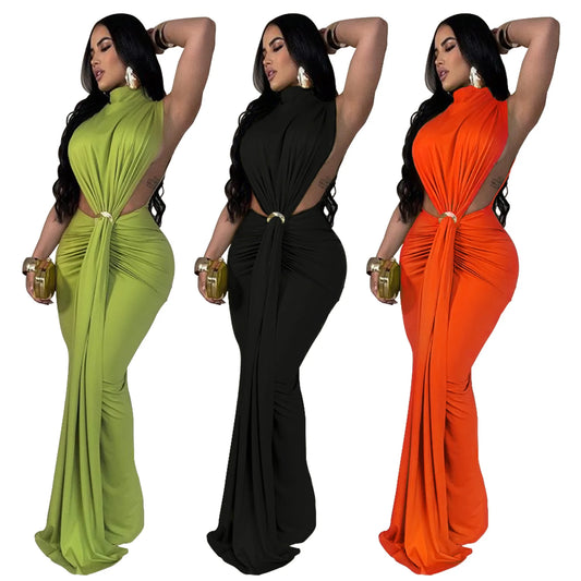 CM.YAYA Women O-neck High Split Ruched Stacked Bodycon Midi Maxi Dress Evening Party Club Vestidos Sexy Chic Long Dresses