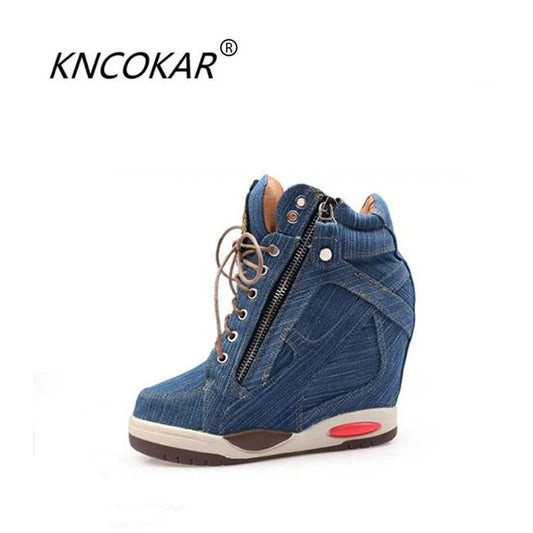 Women’s Denim Wedges Sneakers, Plus Size, Side Zip, Casual Shoes, Thick Soled Vulcanized Shoes, Girl Walking Shoes, Footwear Boot Comfort Insole, Glamwalk, Elegances Step, Chick Stride