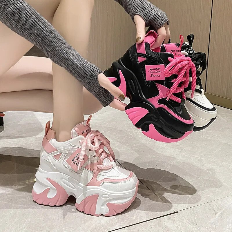 Women’s High Platform Casual Leather,RockyNice Shoes, All season Lace-up Chunky Sneakers 10CM Wedges Hidden Heels Leisure Shoes, Girl Walking Shoes Fashion Comfort Footwear Stylish