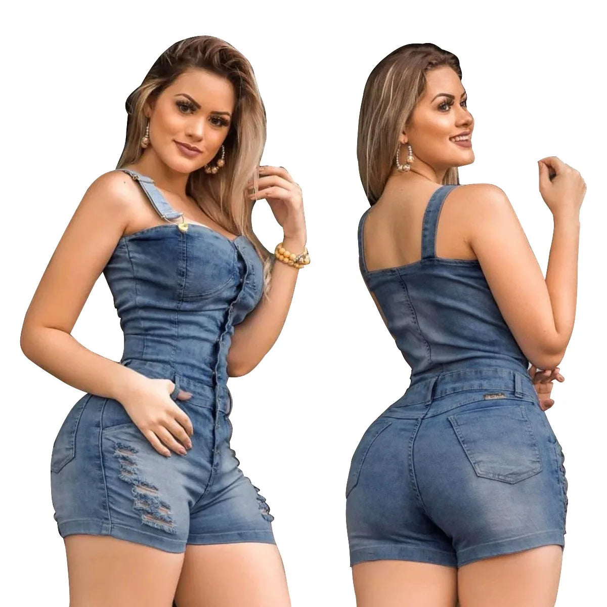 Women's Jumpsuit - Summer Fashion, Thin Strap, Buttoned, Distressed, Casual, Sleeveless, Pocket Design, Streetwear, Denim Romper Y2K