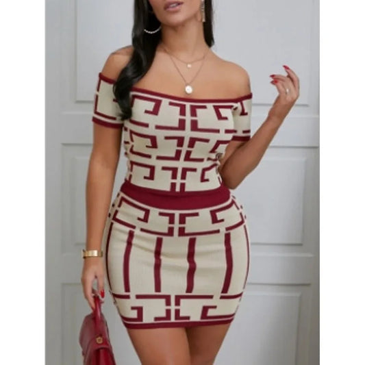 Sexy Bodycon Printed Skirt Two Piece Set For Women One Line Neck Cropped Top And Tight Short Skirts Sets Fashion Streetwear 2024