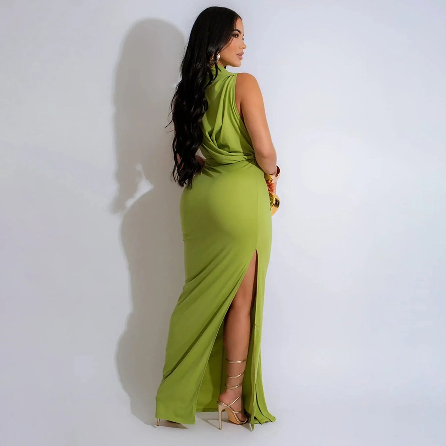 CM.YAYA Women O-neck High Split Ruched Stacked Bodycon Midi Maxi Dress Evening Party Club Vestidos Sexy Chic Long Dresses