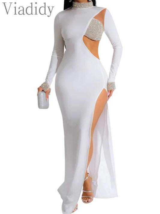 Women Class Chic Chec Choc Sexy Rhinestone Floor Length High Slit Mermaid Party Dress
