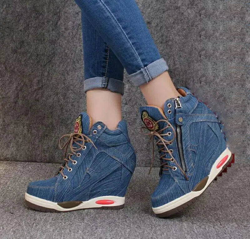 Women’s Denim Wedges Sneakers, Plus Size, Side Zip, Casual Shoes, Thick Soled Vulcanized Shoes, Girl Walking Shoes, Footwear Boot Comfort Insole, Glamwalk, Elegances Step, Chick Stride