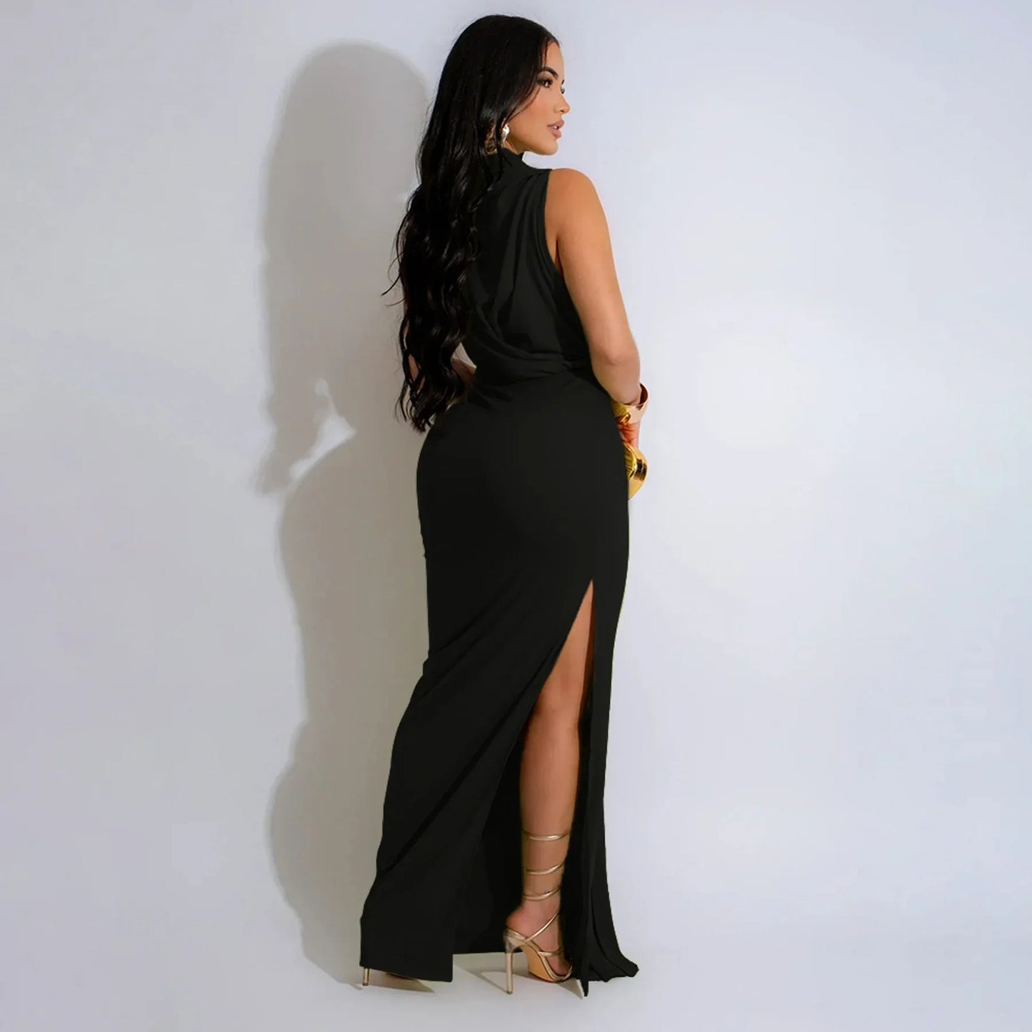 CM.YAYA Women O-neck High Split Ruched Stacked Bodycon Midi Maxi Dress Evening Party Club Vestidos Sexy Chic Long Dresses