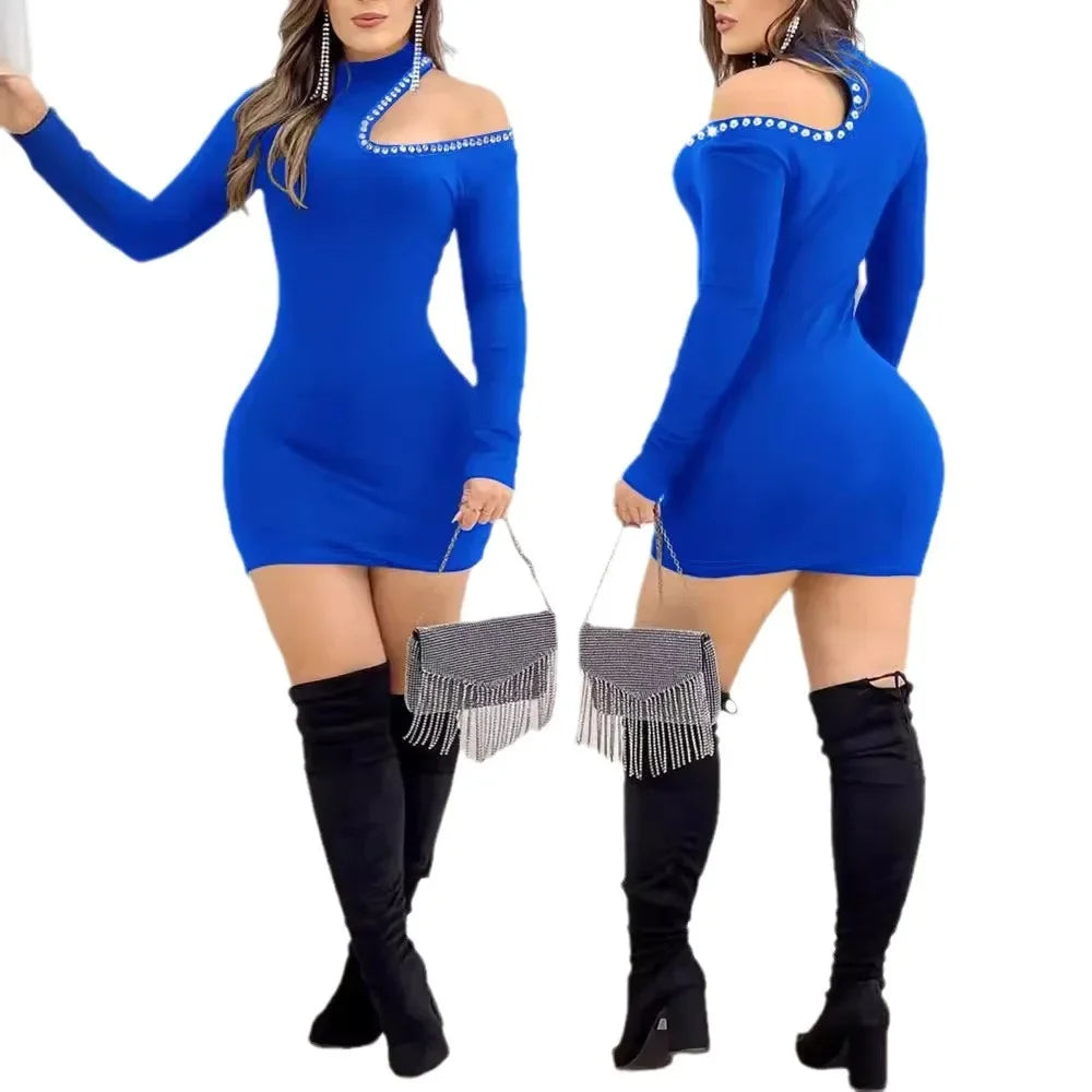 Chic Chec Choc Women's Hot Drilling Party Dress Long Sleeve Solid Color Sexy Bodycon