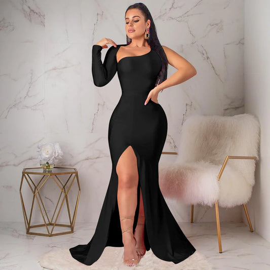Women Class Fashion Chic Longuette Long-sleeved Elastic Force Single Sleeve Slim Long Women's Dress