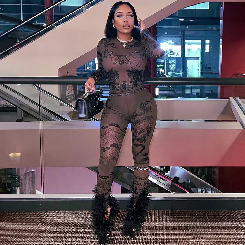 Mesh Printed Skinny Casual Set